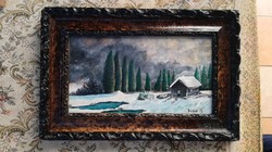 Winter landscape with cottage, oil painting by painter János Buza