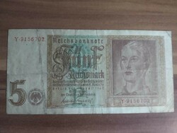 Németország, birodalmi Márka, 5 Reichsmark, 1942, 7 sorszámjegyű: Y-9156702
