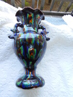 Mezőtúr tailor Lojos peacock eye pattern glazed vase with handles ---24 cm