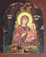 Ikon, vallásos falikép másolat fára, certfikációval a hátán