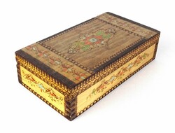 1M318 old burnt wooden box with painted flower decoration