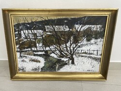 Arató István téli táj festmény tájkép olajkép falusi házak képcsarnok