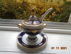 Empire cobalt gold hand-painted footed sauce bowl with snake head handle, porcelain slotted spoon