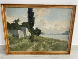 Biai Föglein István Duna Dunapart tájkép festmény olajkép