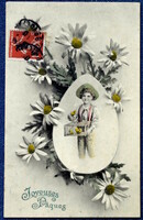 Antik VV Vienne  színezett grafikus Húsvéti üdvözlő képeslap kisfiú kiscsibékkel tojás motívum