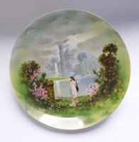 Antik tányér romantikus, kézzel festett jelenettel 26 cm