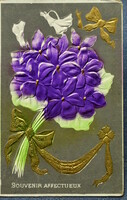 Antique embossed litho greeting card with stylized violet gold ribbon