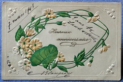 Antik szecessziós dombornyomott  litho üdvözlő képeslap stilizált virággal