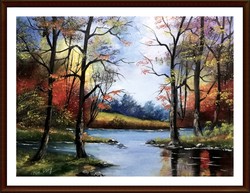 Autumn on the river bank - contemporary painting (30 x 40, oil)