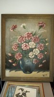 Old framed signed painting still life size 49x39 cm, portrait on the back