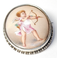 Antik ezüst porcelán betétes bross, festett miniatúrával
