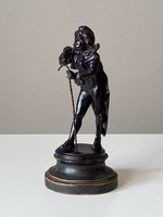 Elegant man with a walking stick, painted metal statue on a turned wooden base, 22 cm