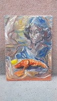 Lady with lobster, oil on canvas painting, 70 x 50 cm