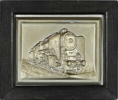 1N929 Régi keretezett gipsz lokomotív vasút plakett 20.5 x 24.5 cm