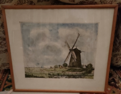 István Boldizsár's wonderful watercolor-colored copper etching windmill
