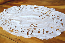Old antique embroidered rosette lace tablecloth table centerpiece 91 x 45 cm