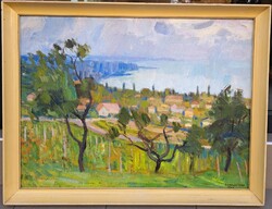 Somogyi Imre (1918-1999) : Esős Balaton,Képcsarnokos,60x80 cm.