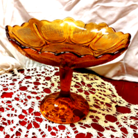 Antik art deco borostyánsárga üveg talpas  gyümölcsös  tál, asztalközép