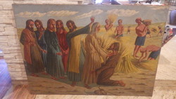 Jesus with the apostles in a wheat field old huge oil on canvas painting 100x140 cm