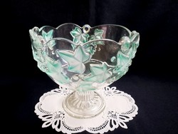 Beautiful large walther glass base glass serving bowl with green leaf pattern