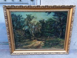 Oil-on-canvas painting, forest interior, gold-wood picture frame, try to read the signature 65x82 cm
