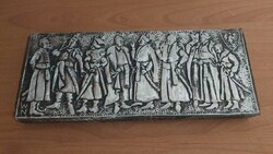 (K) marked pewter relief with many people, 25x9 cm