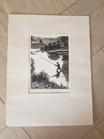 Béla Gy szabó angler woodcut hand drawing 1961. Signed.