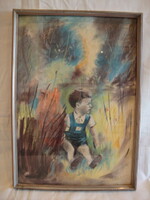 Jelzett régi pasztell festmény fiú a nádasban