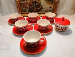 Régi piros-fekete mintás Gránit teáscsésze készlet és cukortartó, retro