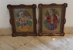 Beautiful, glazed gold blondel picture frame with a pair of tapestries, frame 32x24 cm