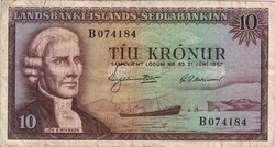 10 krónur 1957 juni 21. Izland 6 jegyű sorszám
