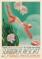 Art deco utazási reklám plakát reprint nyomat 1936 trópusok tenger búvár női fürdőruha merülés halak