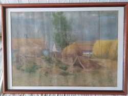 István Klimó: village yard large pastel in a beautiful frame, flawless 90x66 cm