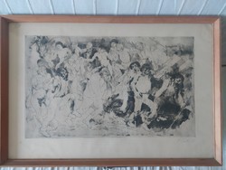 József Pituk - vagabonds rarer large-scale etching, in original frame, signed, 85 x 51 cm