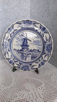 Old Dutch hand-painted decorative windmill plate, flower decoration on the edge, cracked glaze, diameter: 25.3 cm