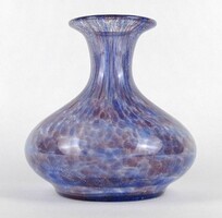 1N480 Irizáló kék-piros karcagi fátyolüveg váza 15.5 cm