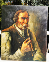PIPÁZÓ ÖREG PARASZT, HORN JELZÉSSEL, OLAJFESTMÉNY, 50x60 cm,