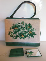 Reticule - tapestry - hand sewn - suede + purse + mirror - Austrian