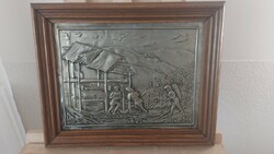 (K) marked pewter relief wall picture with 42x34 cm frame