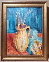 Hegedős Piroska: Ecsetes köcsög palettával, 1983 - olajfestmény kerettel, női festő