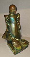 Zsolnay eozin antique girl with goose, shield seal