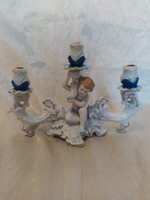 Antik  porcelán  három ágú puttós gyertyatartó
