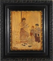 1O051 Antik négy alakos gyerekes intarziakép keretben 31 x 27 cm