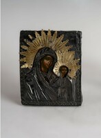 Ezüst rátétes régi orosz ikon - Mária a gyermek Jézussal