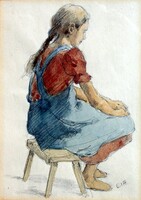 Edvi Illés Aladár - Ülő lányka; akvarell