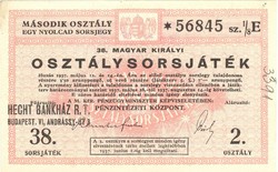 38. Magyar Királyi Osztálysorsjáték Második osztály sorsjegy 1937 hajtatlan