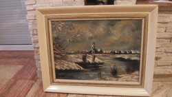 Téli vízparti tájkép festmény olaj-vászon 70x90 cm