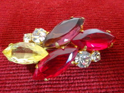 Gold frame brooch with red, yellow purple stone and white round stones. Imitation jewelry. Jokai.