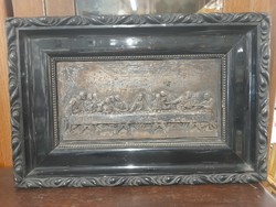 Religious Last Supper framed metal relief. 37 X 24 cm