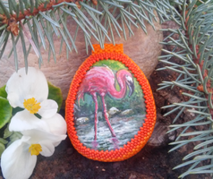 Hand painted unique pebble in pearl frame - flamingo